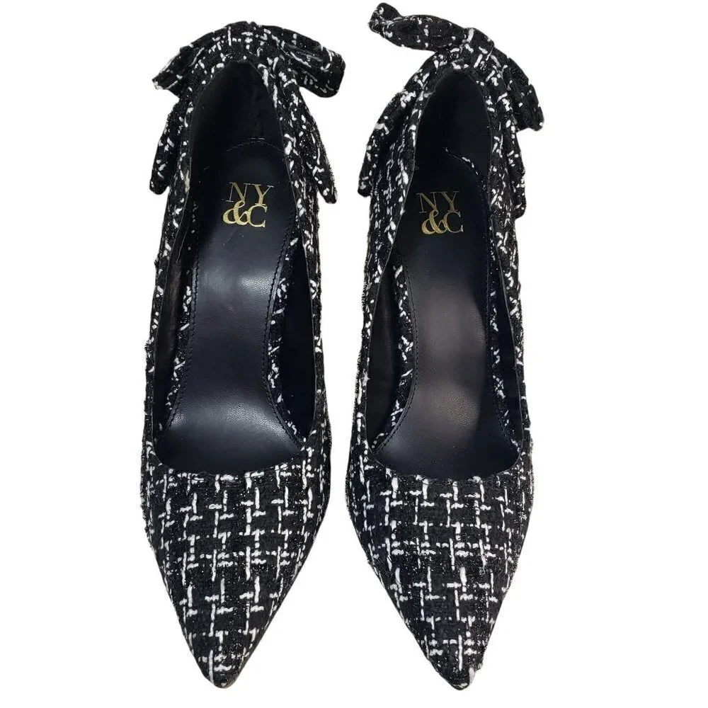 New York & Company Black Fabric Pointed Toe Slip-on Pumps with Bow Detail